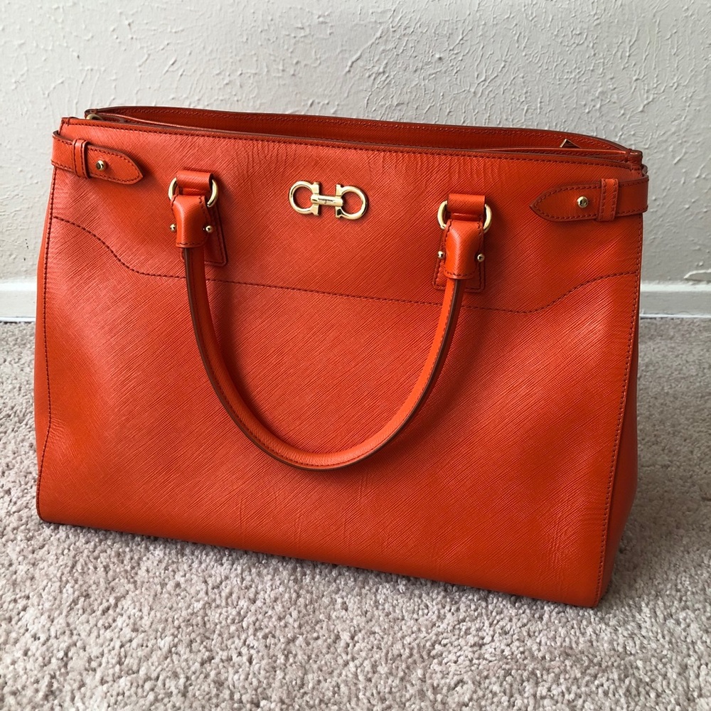 Salvatore Ferragamo orange leather tote bag